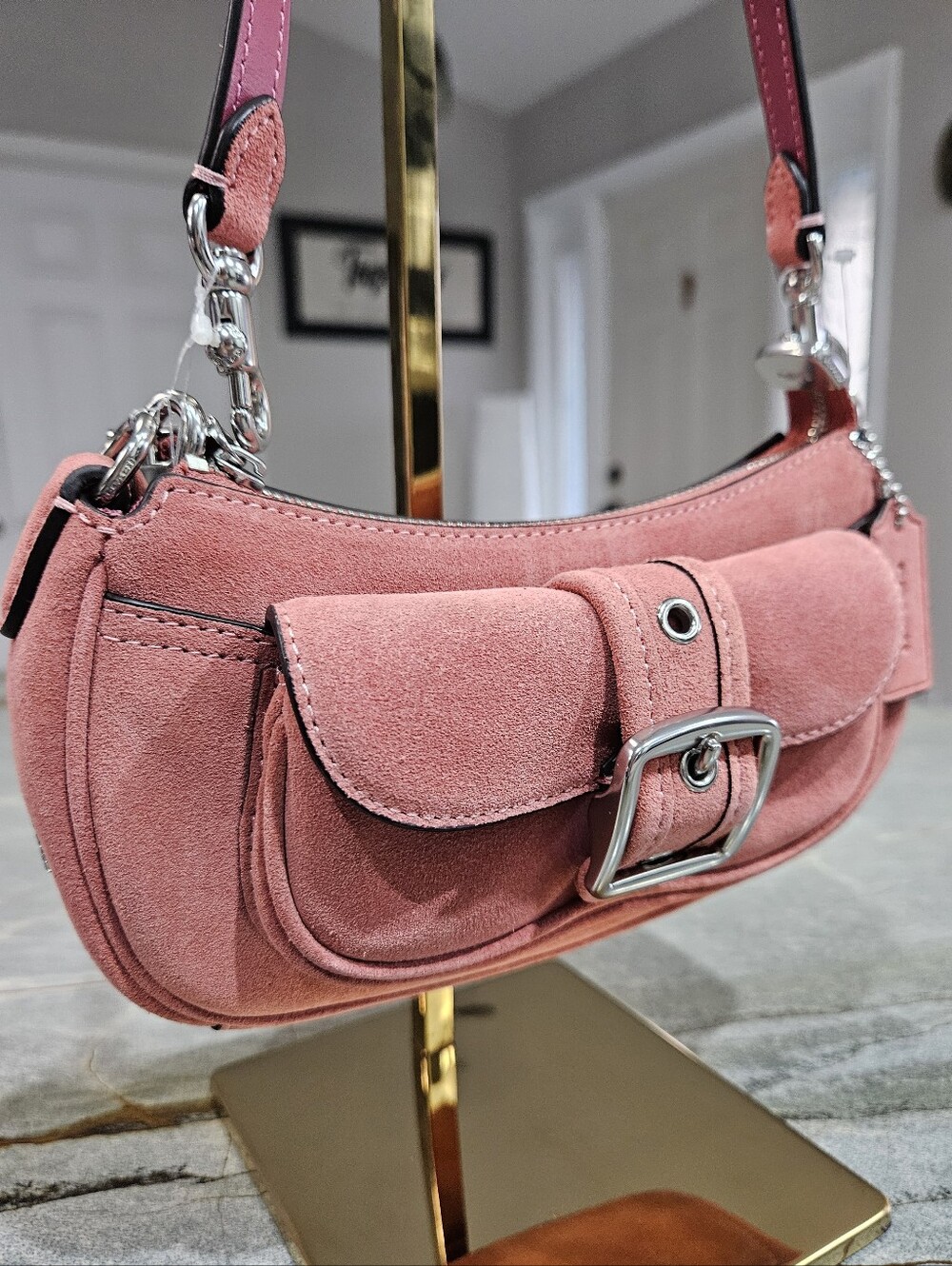 Coach Pink Suede Mini Shoulder Bag with Buckle Pocket